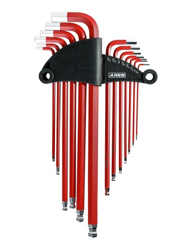 ARES 70164-13-Piece SAE Long Arm Ball End Hex Key Wrench Set - Chrome Finish with Red High Visibility Anti-Slip Coating - Convenient Storage Case Included