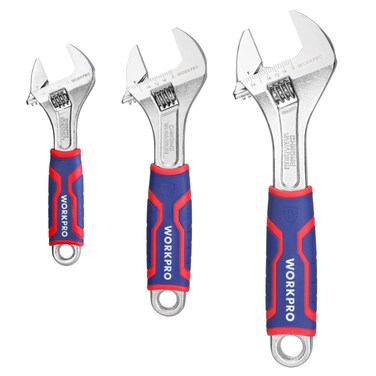 WORKPRO 3-piece Adjustable Wrench Set, Cr-V Wide Jaw Wrench With Rubber Anti-Slip Grip, 6-inch, 8-inch, 10-inch with Metric/SAE Scales, Chrome Plated
