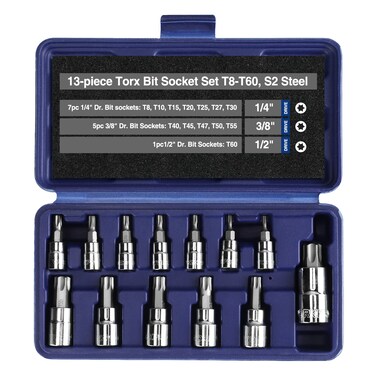 WORKPRO 13-Piece Torx Bit Socket Set T8-T60, 1/4", 3/8" and 1/2" Drive, S2 Steel 6 Point Star Bits and CR-V Sockets with Storage Case For Hand Use Work On Cars, Trucks