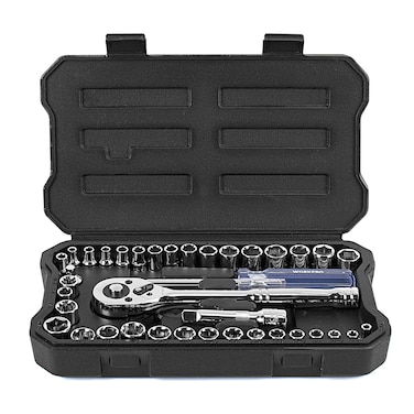 WORKPRO 39-Piece Drive Socket Set 1/4''3/8'', CR-V Metric and Imperial Sockets with Quick-Release Ratchet Wrench, Compact Sockets Set for Car Repair