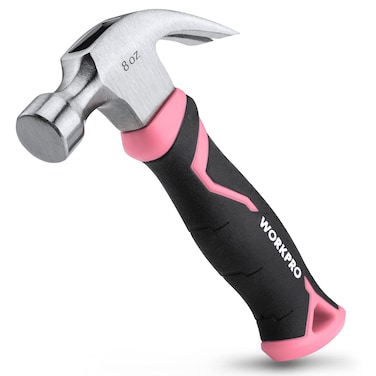 WORKPRO 8 oz Claw Hammer with Fiberglass Handle, All Purpose Hammer with Forged Hardened Steel Head, Smooth Face &amp; Shock Reduction Grip - Pink Ribbon