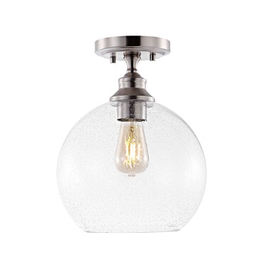 JONATHAN Y JYL7566A Marla 9.75" 1-Light Bohemian Farmhouse Iron/Seeded Glass LED Semi Flush Mount Modern Contemporary 2700K Cozy Warm Light Kitchen Hallway Bathroom Bedroom Foyer, Nickel/Clear