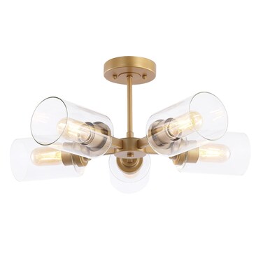 JONATHAN Y JYL9544A Jaynie 21.5" 5-Light Farmhouse Industrial Iron Cylinder LED Semi Flush Mount Modern Transitional Kitchen Hallway Bathroom Bedroom Entryway Foyer, Brass Gold/Clear