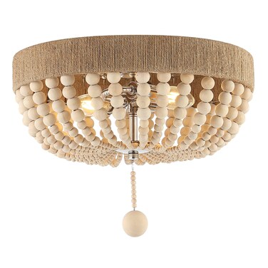 JONATHAN Y JYL1307A Justina Wood Bead 14" 2-Light Farmhouse Bohemian Iron LED Flush Mount Rustic Coastal 2700K Cozy Warm Light Kitchen Hallway Bathroom Stairwell Entryway Foyer, Light Taupe/Chrome