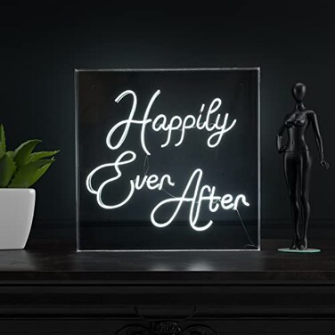 JONATHAN Y NEN1009A Happily Ever After 23.63" Square Contemporary Glam Acrylic Box USB Operated LED Neon Light, White