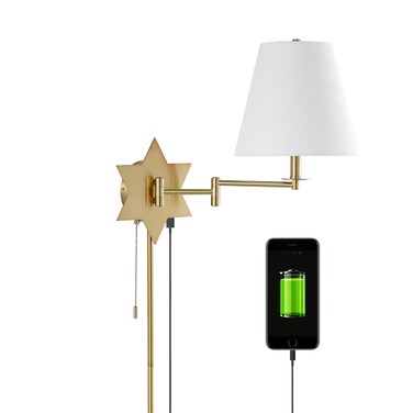 JONATHAN Y JYL6014B David 18.5" 1-Light Modern French Country Swing Arm Plug-in or Hardwired Iron LED Star Wall Sconce with Pull-Chain and USB Charging Port, Brass Gold