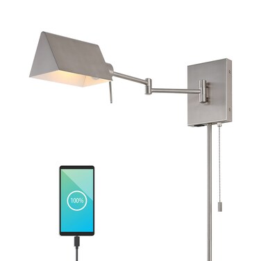 JONATHAN Y JYL6015B Arlo 22" 1-Light Single Swing Arm Plug-in/Hardwired Iron LED Wall Sconce, Pull-Chain, USB Charging Port, Traditional, Farmhouse, Modern for Bedroom, Living Room, Brass Gold