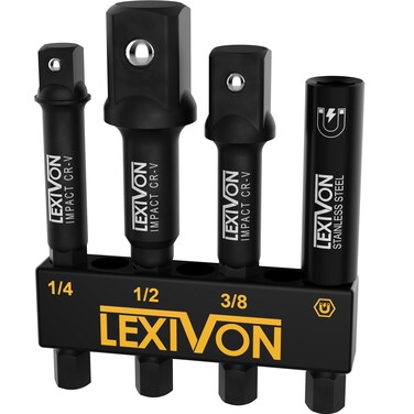 LEXIVON Impact Socket Adapter &amp; Magnetic Bit Holder Set   4 Pieces of 1/4-Inch Hex Shank Extension to 1/4", 3/8", and 1/2" Drive   Includes Organizer Rack (LX-104)