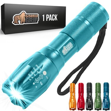 Gorilla Grip Powerful LED 750 FT Water Resistant 5 Adjustable Mode Tactical Flashlight, High Lumens Ultra Bright Zoom Flashlights, Stocking Stuffer Gift, Small Camping Car Mini Flash Light Turquoise
