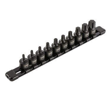ARES 24001-10-Piece 3/8-Inch Drive Low Profile Impact Torx Bit Driver Set - Chrome-Moly Steel &amp; Manganese Phosphate Coating - Star Bit Size Range T25-T70 - Reusable Storage Rail