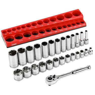 ARES 47007-28-Piece 3/8-inch Drive SAE Socket and 90-Tooth Ratchet Set with Magnetic Organizer - Sizes 1/4-Inch to 1-Inch Shallow and Deep Sockets