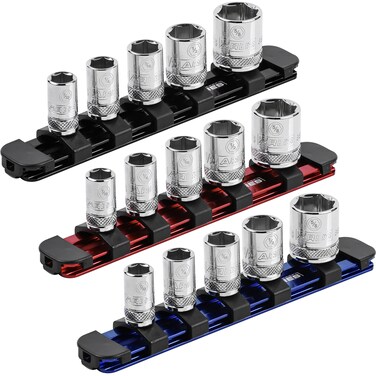 ARES 60084-3-Piece 1/4-Inch Drive 6-Inch Aluminum Socket Rail Set with Locking End Caps - Includes Red, Blue, and Black Rails - Each Aluminum Rail Stores up to 5 Sockets