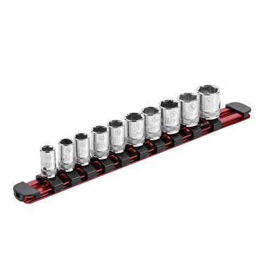 ARES 60103-3-Piece 3/8-Inch Drive 9.84-Inch Aluminum Socket Rail Set with Locking End Caps - Includes Red, Blue, and Black Rails - Each Aluminum Rail Stores up to 10 Sockets