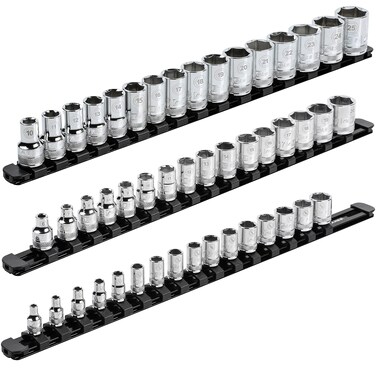 ARES 60124-3-Piece Red 17-Inch Aluminum Socket Rail Set with Locking End Caps - Includes 1/4-Inch, 3/8-Inch, and 1/2-Inch Drive Rails - Each Aluminum Rail Stores up to 16 Sockets