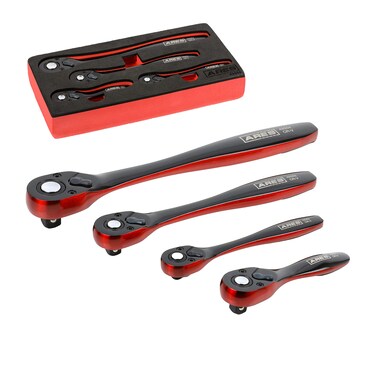 ARES 42050-4-Piece Dual Tone 72-Tooth Ratchet Set - Made of Chrome Vanadium Steel - Sleek Black and Red Finish - Quick Release for Easy Socket Change - 72-Tooth Reversible Design