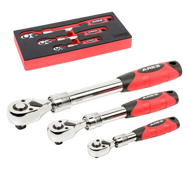 ARES 42055-3-Piece 72-Tooth Extendable Ratchet Set - Chrome Vanadium Steel - Mirror Polish Chrome Finish - Comfort Grip Injection Handle - Quick Release Socket Change - 72-Tooth Reversible Design
