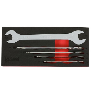 ARES 33042-5-Piece SAE Ultra-Thin Profile Double Open-End Wrench Set - Sizes 1/4-7/8-Inch - Chrome Vanadium Steel Construction with Mirror Polish Chrome Finish - EVA Foam Storage Tray