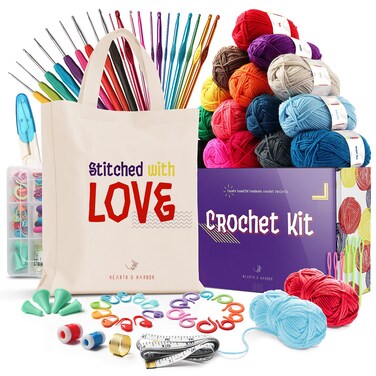 Hearth &amp; Harbor Crochet Kit for Beginners Adults, Crochet Kits for Beginner, Learn to Crochet Set, Crocheting Kit, 1500 Yards Crochet Yarn, Crochet Hook Set, Crochet Accessories and Supplies