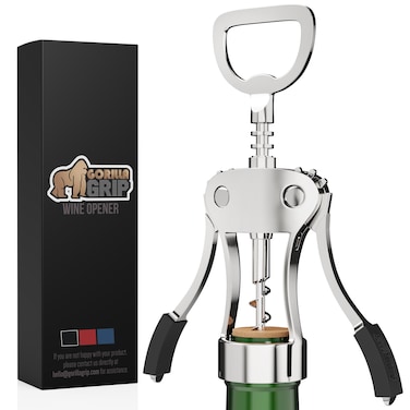 Gorilla Grip Powerful Ergonomic Wine Opener, Multifunctional Wing Corkscrew, Heavy Duty Manual Bottle Openers, Rust Resistant Zinc Alloy Cork Screw, Easy to Use, Dishwasher Safe, Bar Essentials, Black