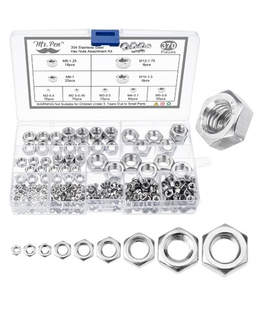 Mr. Pen- Metric Hex Nuts Assortment Kit, 370 pcs, Stainless Steel, Metric Nut Assortment 9 Sizes (M2 M3 M4 M5 M6 M8 M10 M12), Hardware Nuts, Metric Nuts, Machine Nuts, M6 Nut Set, M3 Nuts, M8 Nut