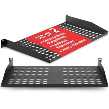 Pyle 2-Pc 1U Server Rack Shelf, Vented Shelves for Good Air Circulation, Cantilever Mount, Wall Mount Rack, Universal Device, Cabinet Shelf, Computer Case Mounting Tray, Black-Pyle PLRSTN14UX2
