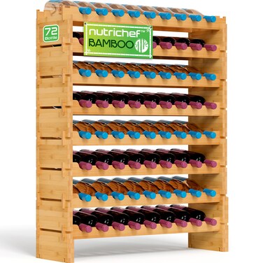 NutriChef Bamboo Stackable Wine Rack, 8-Tier 72 Bottle Capacity Wine Racks Free Standing Floor, No Tools Assembly, Modular Storage Display Shelf for Kitchen and Cellar 33.5" x 10" x 42