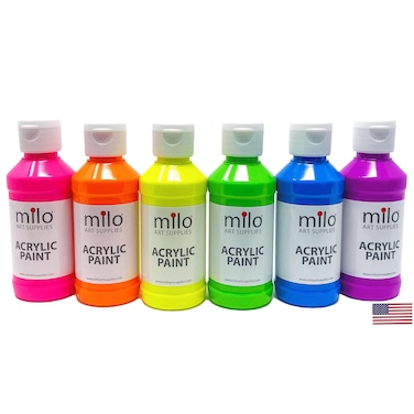 milo Fluorescent Acrylic Paint Set of 6 Colors   4 oz Bottles   Student Neon Colors Acrylics Painting Pack   Made in the USA   Non-Toxic Art &amp; Craft Paints for Artists, Kids, &amp; Hobby Painters