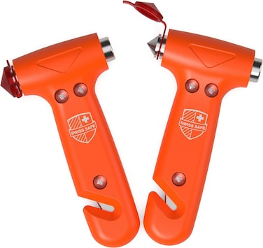 Swiss Safe Durable 5-1 Car Safety Hammer Car Window Breaker Breaker Tool w/Seatbelt Cutter - Emergency Escape Glass Hammer for Car - Truck, Car Safety Essentials &amp; Accessories - Orange, 2 Pack
