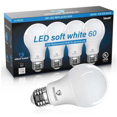 Great Eagle A19 LED Light Bulbs 60 Watt Equivalent - UL Listed - Soft White 3000K LED Light Bulbs - 9W Non Dimmable - 800 Lumens (4 Pack)