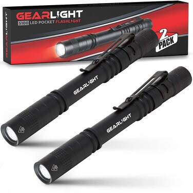 GearLight S100 LED Pocket Pen Light- 2 Small, Compact Flashlights with Clip for Tight Spaces, Police Inspection, Nurses &amp; Medical Use