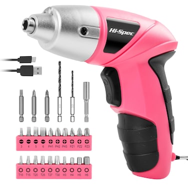 Hi-Spec Electric Screwdriver 27pc 3.6V Pink USB Small Power Screwdriver Set. Cordless Screwdriver &amp; Rechargeable Screwdriver with Driver Bit Set