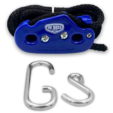 Tie Boss - 3/8 Inch, Heavy Duty, (300 lbs Working Load Limit), Weather Resistant, Tie Down, Rope Tightening System, (w/15 ft Rope) - Blue (Blue)