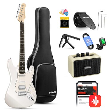 Donner Electric Guitar, DST-152 39" Electric Guitar Starter Kit HSS Pickup Coil Split, with Amp, Bag, Accessories, Polar White