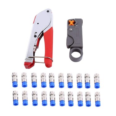 Coax Cable Crimper Kit,Professional Crimping Tool Kit with 20Pcs F Female Connectors Head,Coaxial Compression StrippeTool Set for Household, Industry, Construction Industry