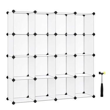 SONGMICS Cube Storage Organizer, Set of 16 Plastic Cubes, Book Shelf, Closet Organizers and Storage, Room Organization, Bedroom Living Room, 12.2 x 48.4 x 48.4 Inches, White ULPC44L