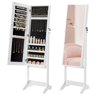 SONGMICS Mirror Jewelry Cabinet Armoire, Standing Full-Length Mirror, Lockable Jewelry Organizer, Gift Idea, White Surface and Black Lining UJJC69WT