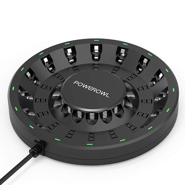 POWEROWL 16 Bay AA AAA Battery Charger (Updated, High Speed Charging) with Smart LED Light and Plug, for NIMH NICD Rechargeable Batteries and More