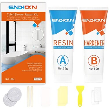 Bath Repair Kit White, Endhokn Enamel, Porcelain, Acrylic, Fiberglass, Ceramic Sink, Tub Tile Toilet Shower Kit &amp; Tray &amp; Chip &amp; Pedestal Crack Hole Scratches Repair