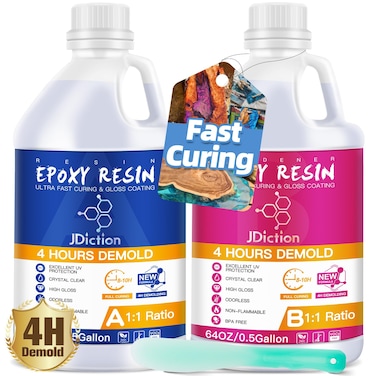 JDiction Fast Cure Epoxy Resin 1Gallon- 4 Hours Demold Upgrade Formula, Fast Curing and Bubbless Epoxy Resin, Crystal Clear Epoxy Resin Kit Self Leveling and Easy Mix for Art, Craft, Jewelry