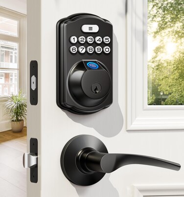 Veise Fingerprint Door Lock with 2 Lever Handles - Keyless Entry Door Lock, Electronic Keypad Deadbolt &amp; Front Door Lock Handle Sets, Auto Lock, Easy Installation, Matte Black