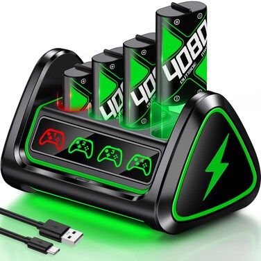 Upgraded Fast Charging Rechargeable Battery Packs with Light Control, 4 x 4080mWh Xbox Controller Batteries with Battery Charging Dock/Storage for Xbox One/Xbox Series X S, Xbox One S/X/Elite, X600