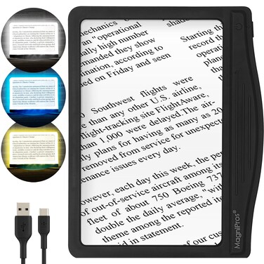 MagniPros 5X Rechargeable Large Ultra Bright LED Page Magnifier with Anti-Glare Lens &amp; 3 Fully Dimmable Light Modes, Relieve Eye Strain- Ideal for Reading Small Prints, Low Vision, Seniors