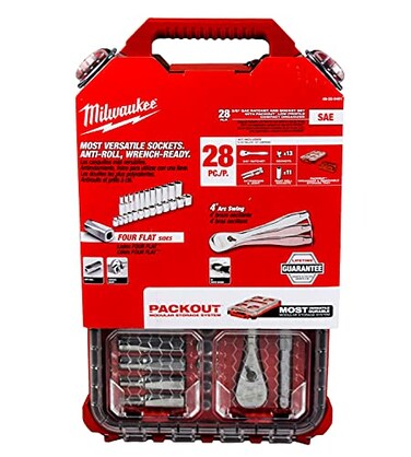 Milwaukee 48-22-9481 28-Piece 3/8 in. Drive SAE Ratchet and Socket Set with PACKOUT Low-Profile Compact Organizer