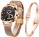 OLEVS Watch for Women Gifts Set Rose Gold and Eiffel Tower Bracelet Set Analog Quartz Wrist Watches for Lady Waterproof with Heart Love Shape Diamonds Black Dial Two Tone