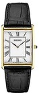 SEIKO SWR052 Watch for Men-Water Resistant with Gold-Tone Stainless Steel Rectangular Case, White Dial with Roman Numerals, and Black Leather Strap