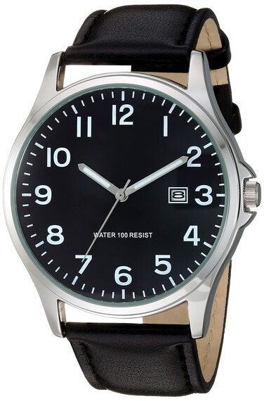 Amazon Essentials Men's Easy to Read Strap Watch, Silver-Tone and Black Strap