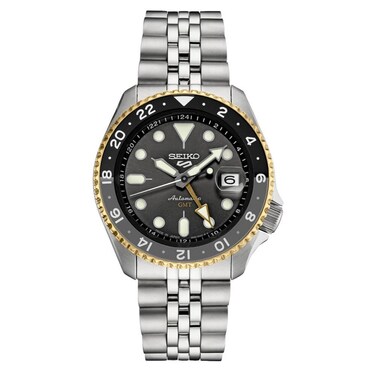 SEIKO SSK021 Automatic Watch for Men - 5 Sports Collection - Men's Sport Watch, Stainless Steel, Charcoal Dial, GMT Hand - Water-Resistant 100M