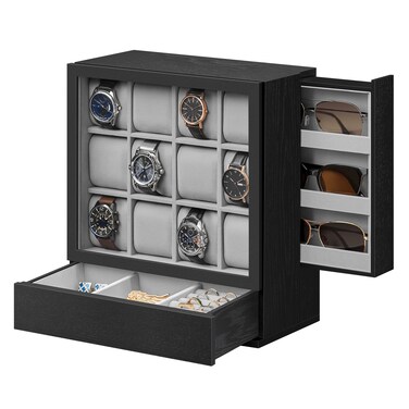SONGMICS 12-Slot Wooden Watch Box, Watch Display Case with Window, Watch Display Cabinet with Solid Wood Veneer, Velvet Lining, Vertical Storage, Space Saving, Gift Idea, Ebony Black UJOW014B01