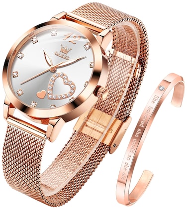 OLEVS Women's Rose Gold Watches Heart Diamond Japanese Quartz Movement Ladies Wristwatch Big Face Waterproof Mesh Belt Watch and Bracelet Set Valentines Day Gifts