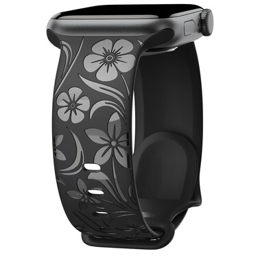 Floral Engraved Band Compatible with Apple Watch Band 38mm 40mm 41mm 42mm 44mm 45mm 46mm 49mm, Designer Silicone Glossy Wildflower Strap for iWatch Band Series Ultra 10 9 8 7 6 SE 5 4 3 2 1, Black 38